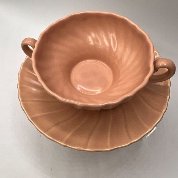Franciscan Pottery Coronado Satin Coral Cream Bouillon Soup Bowl with Saucer - Picture 2 of 11